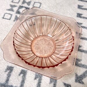 Vintage pink depression glass square bowl. Adam design.